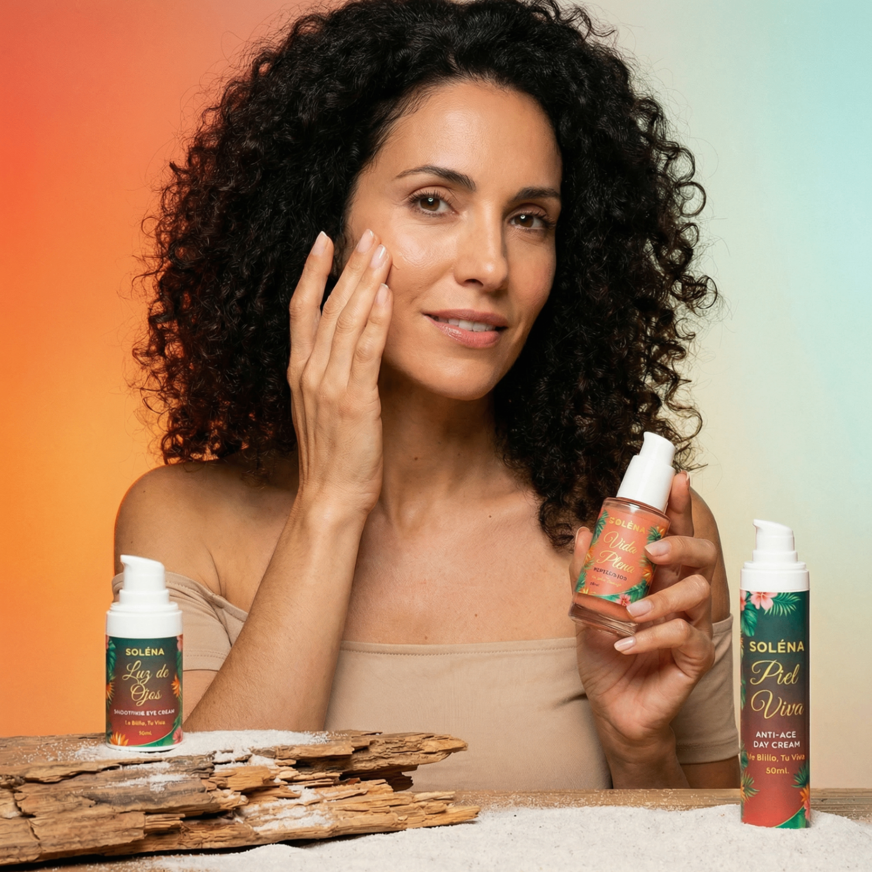 Latina woman holding SOLÉNA skincare products